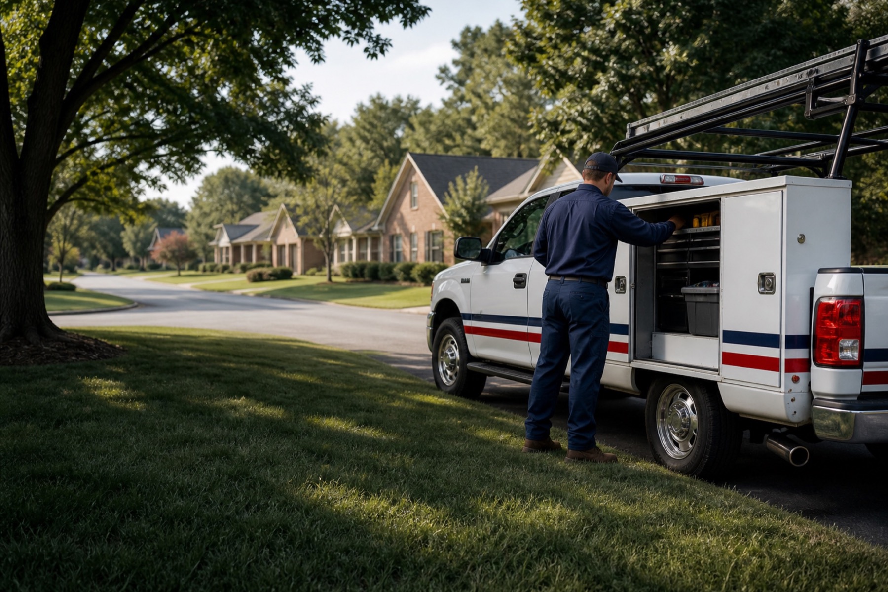 A local plumbing truck in a tree-lined Conway-style neighborhood