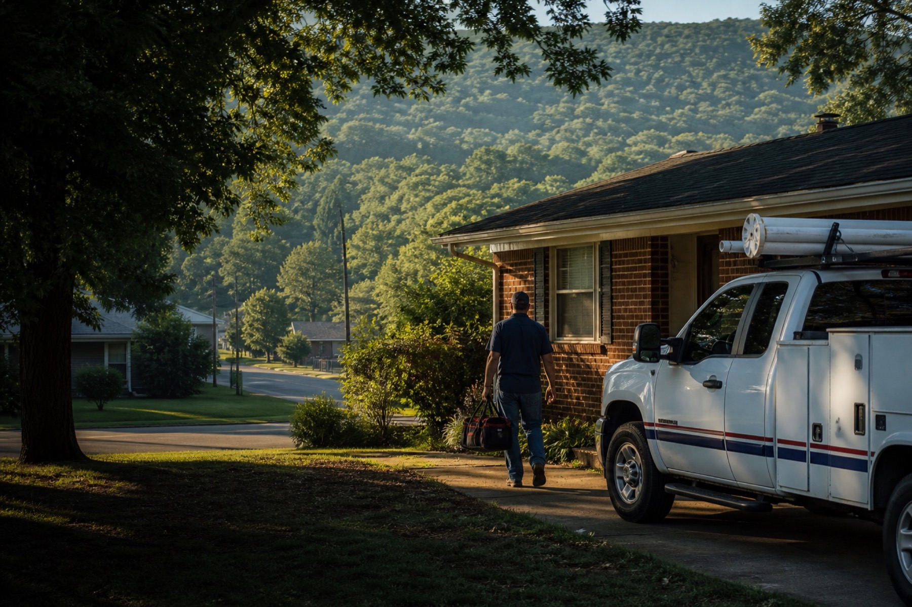 A plumbing truck at an established home in the Arkansas River Valley
