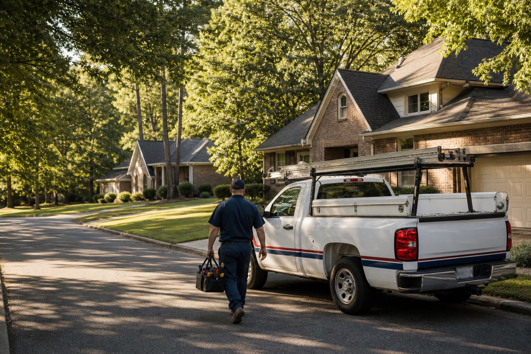 A white plumbing truck outside an established Benton-style brick home