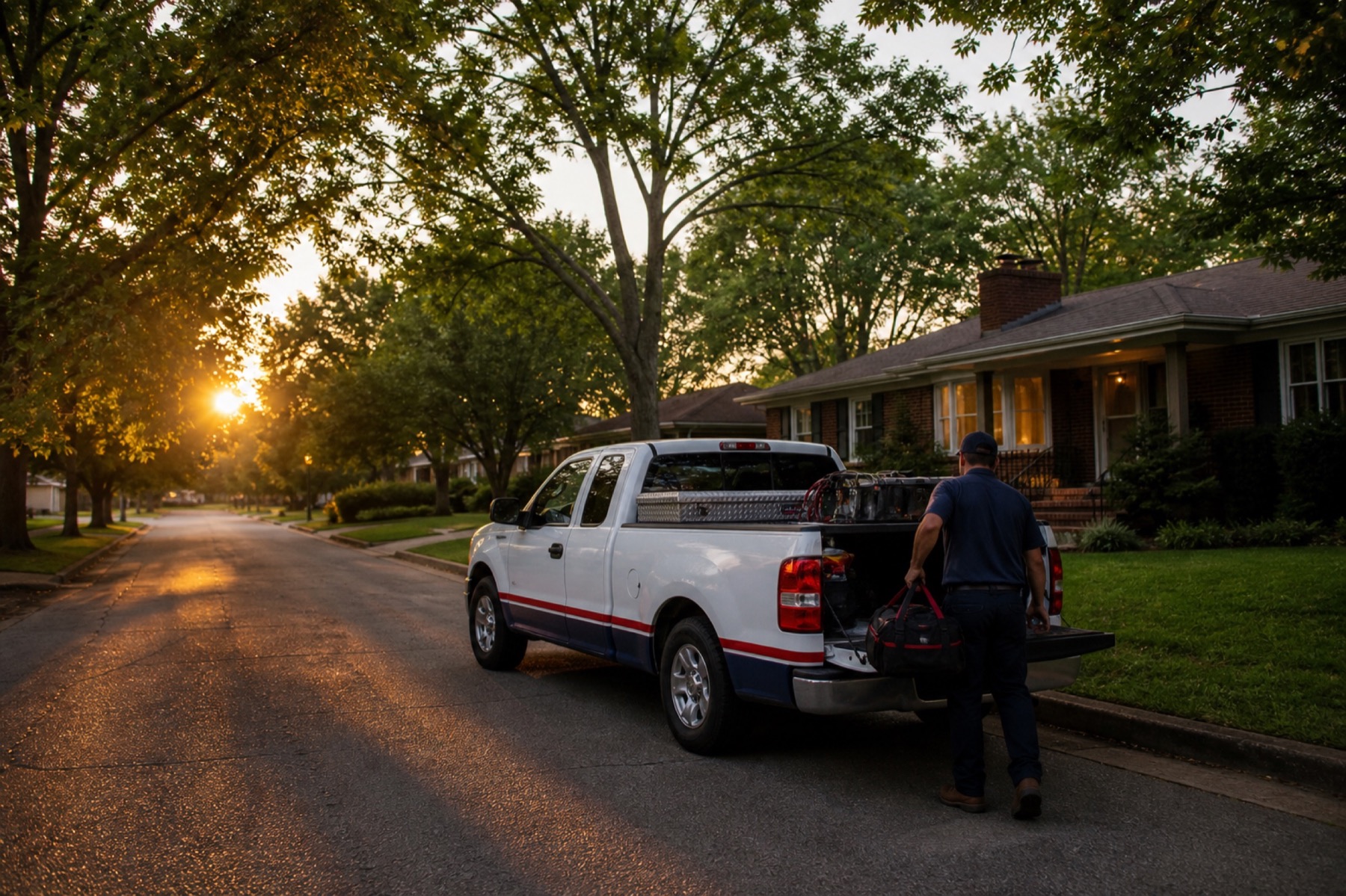 A plumbing service truck in an established Little Rock-style neighborhood