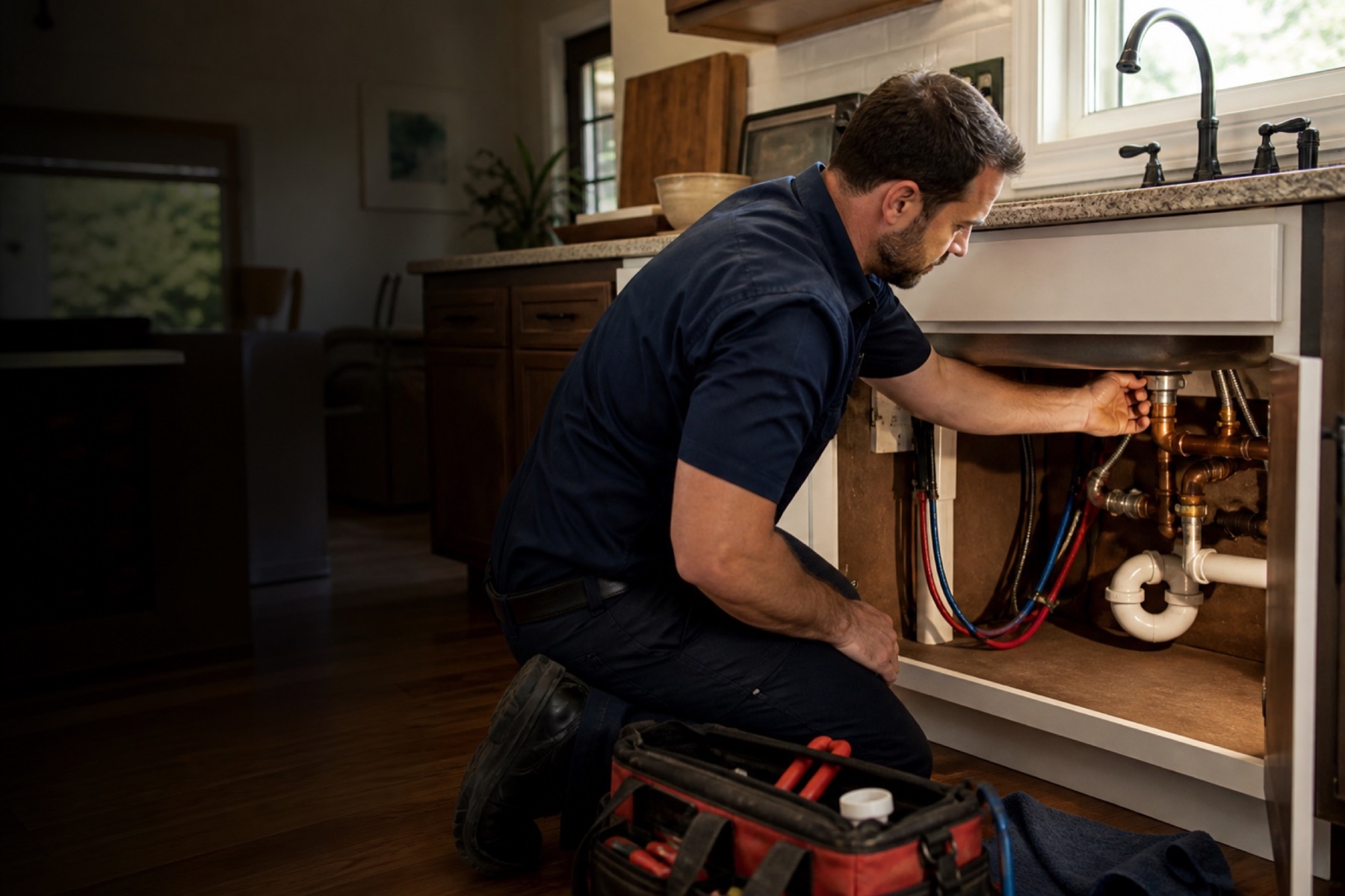 A plumber checking the plumbing beneath a sink