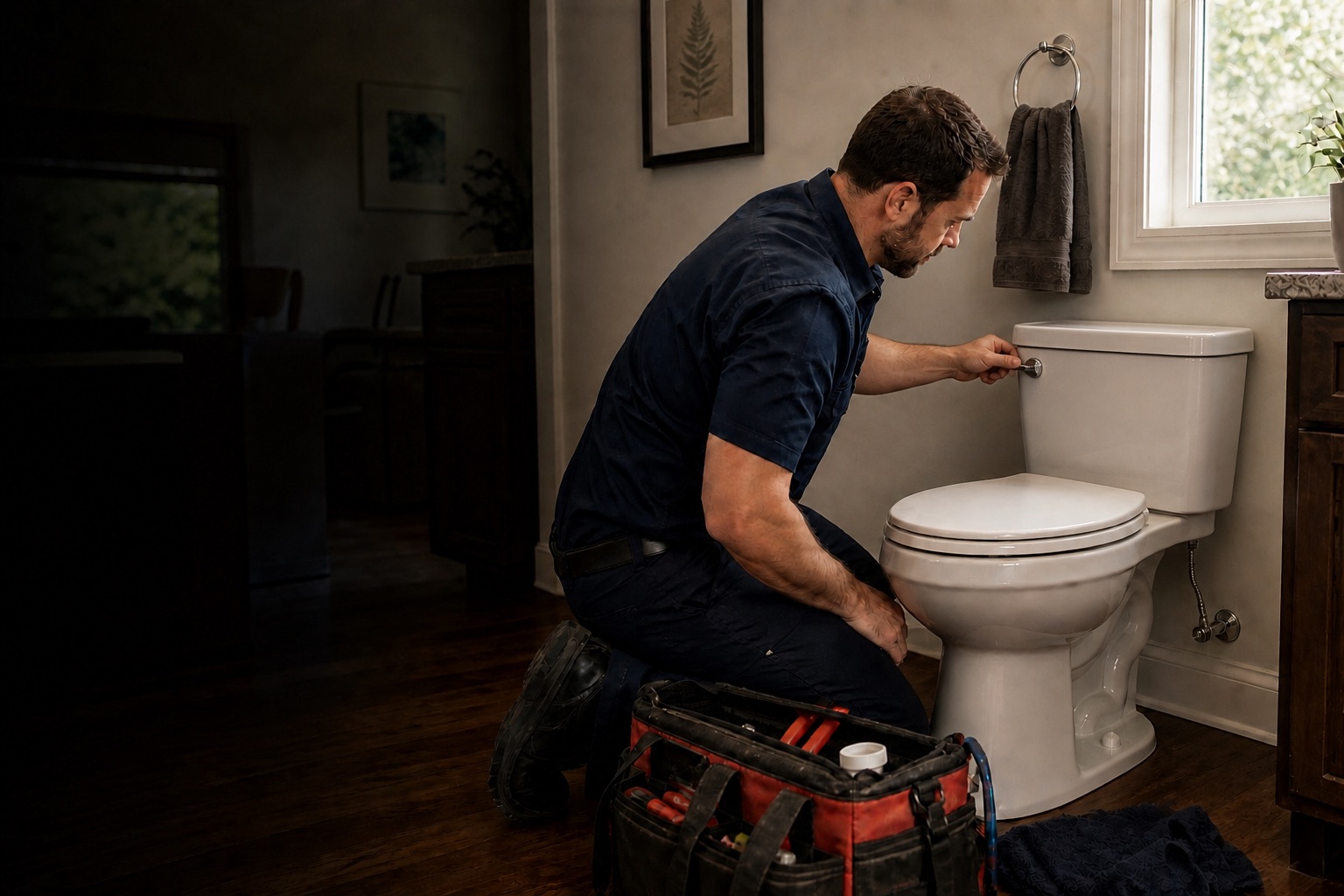 A plumber testing the flush handle on a residential toilet