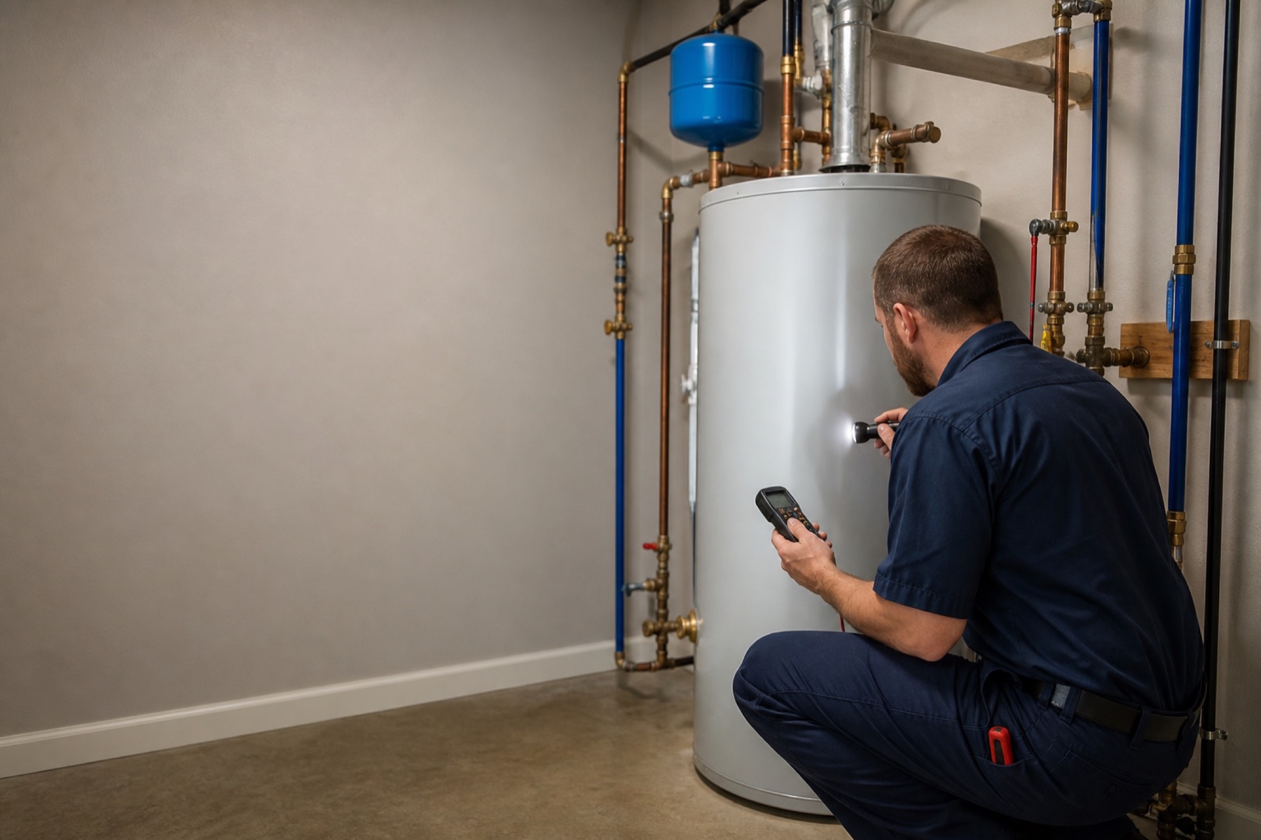 A plumber inspecting a residential tank water heater